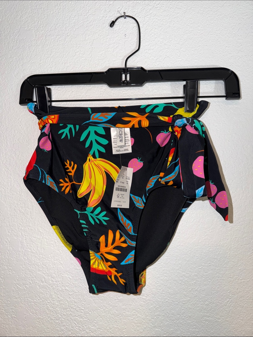 J. Crew Black High-Waist Bikini Bottoms with Multicolor Tropical Fruit Print